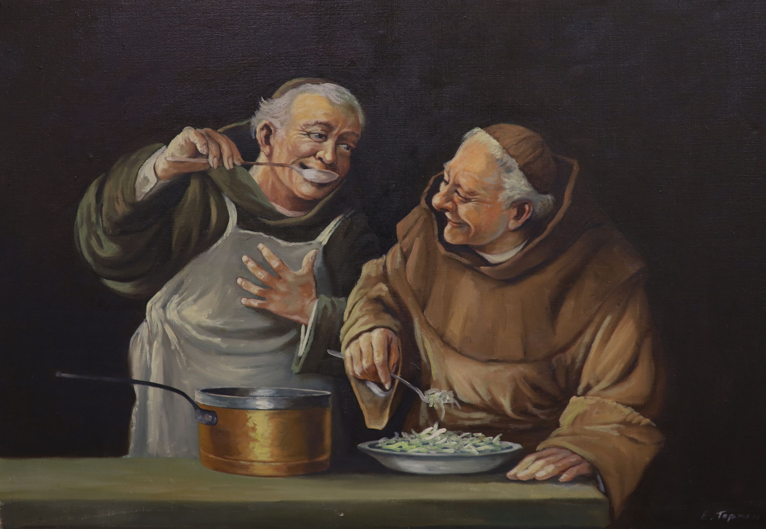 Evert William Topman (20th century), oil on canvas, Monks in a kitchen, signed, 50 x 70cm, 48cm x 68cm